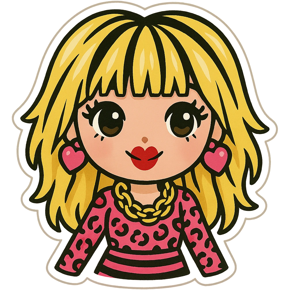 Betsey Johnson style emoji, wearing statement jewelry, bright patterns, fun and chic fashion emoji