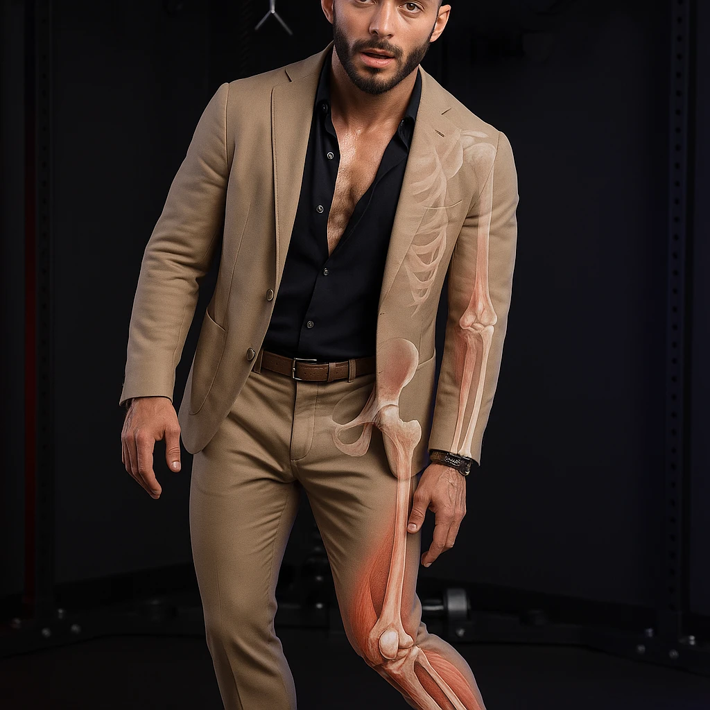 Realistic man standing in a gym, pose as in the reference, pelvis tilted, knee in valgus, and pronated foot. Visible skin and muscles, some translucent areas partially showing bones and joints involved (pelvis, knee, foot). Natural expression, clothing similar to the reference, hyperrealistic 4K details, gym environment. View slightly rotated by 30 degrees. Variant 4. emoji