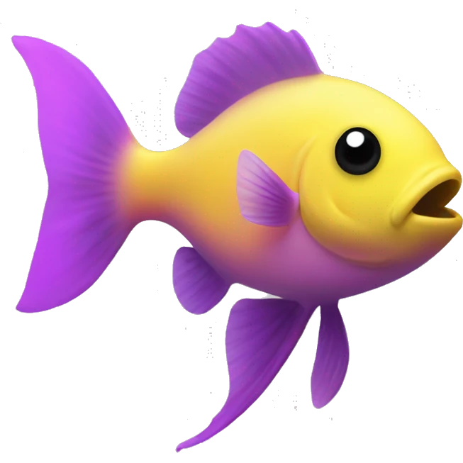 tiny fish with purpleish pink front face and half front of body, neon yellow back half and black dot on top fin emoji