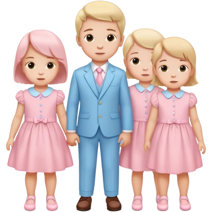 triplet toddlers with two girls in pastel pink clothes on each side and a boy in pastel blue suit in the middle emoji