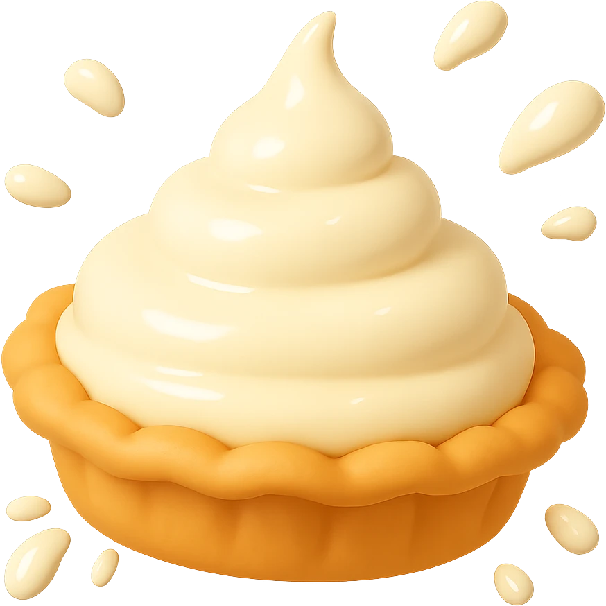 Frame 4 of 15: Intact cream pie, slightly larger cream splatter, playful 3D emoji style, golden brown crust, same angle as reference. emoji