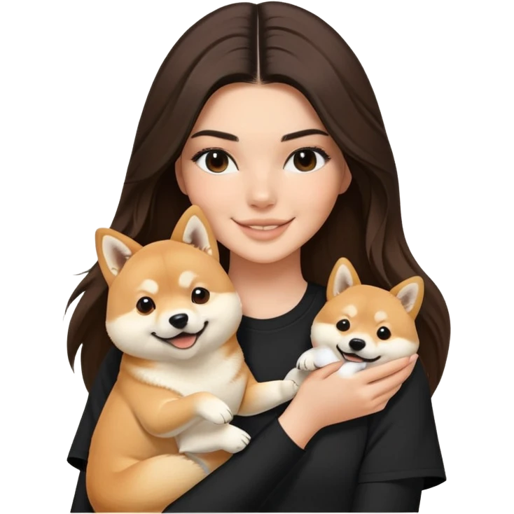 brunette Kendall Jenner with long hair holding on the hands a smile Shiba Inu wear on black shirt emoji