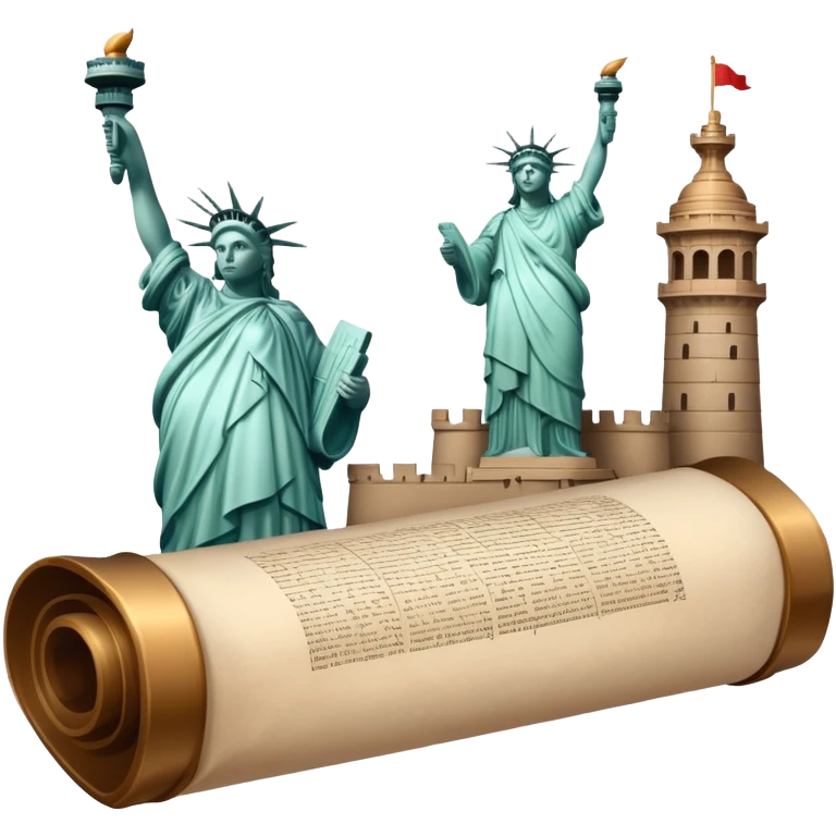 icon featuring an ancient scroll, quill pen with famous historical landmarks and monuments like the Great Wall or the Statue of Liberty in the background. Historical figures are depicted as statues, symbolizing the study of history. Transparent background highlights the legacy of past civilizations. emoji