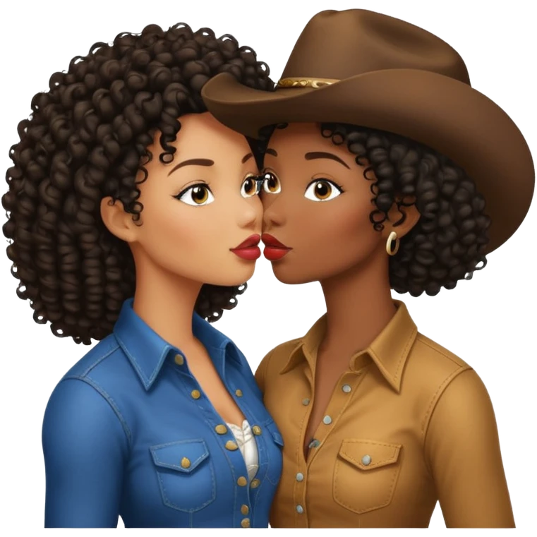 Tall black cowgirl kissing short curvy beautiful black woman with curly hair emoji