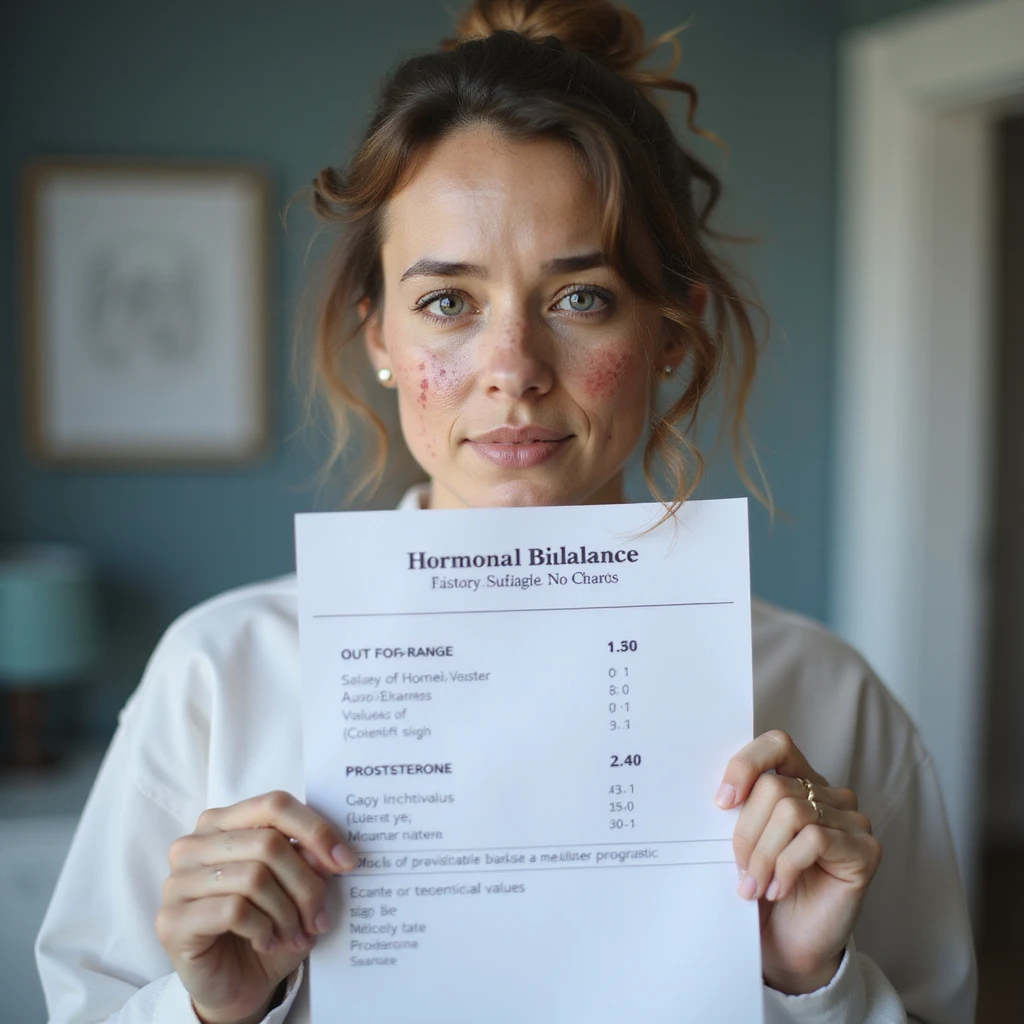 hyperrealistic 4K image of a woman with hormonal imbalance, face with acne, holding a medical report with out-of-range estrogen and progesterone values, clearly readable labels, clinical environment emoji