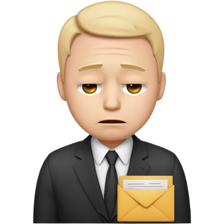 unisex emoji character wearing a suit. face has a very sad crying, disappointed expression with drooping eyebrows and half-closed eyes. posture is dejected, with slumped shoulders just rejected from his interview to get a job, holding cv. emoji