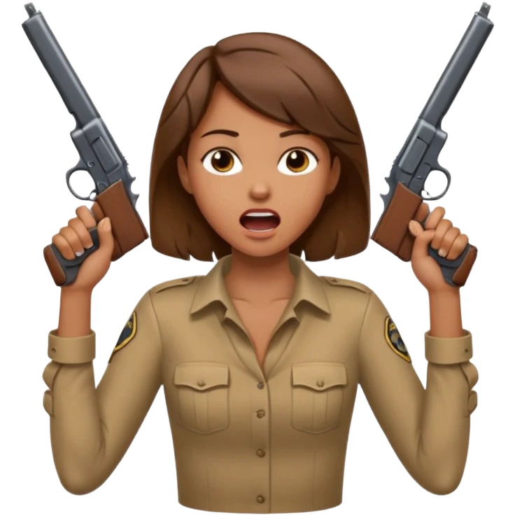 the woman emoji with brown hair and tan skin choking herself  with both hands around her neck with her mouth open and two arms from behind her holding a gun in each hand point directly at her head emoji