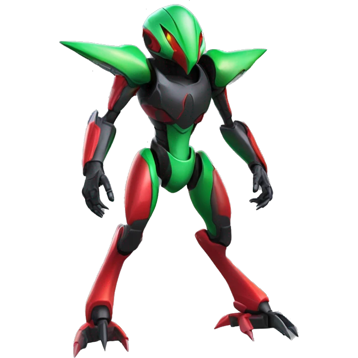a shiny black-green-red Genesect-Flygon-Raptor-Fakémon-Medabot-hybrid with a futuristic visor-helmet full body emoji