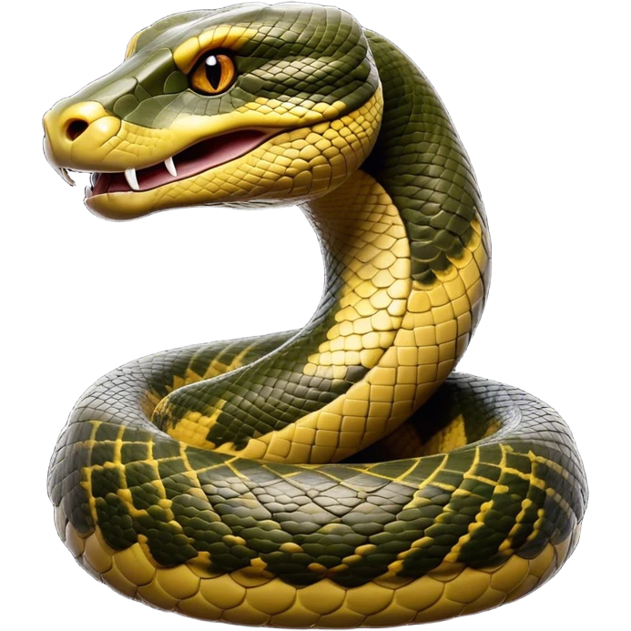 Cinematic Noble Anaconda Portrait Emoji, Poised and imposing, with a massive, sinuous build draped in intricately patterned scales and piercing, focused eyes, Simplified yet sharp and sophisticated features, highly detailed, glowing with a soft, earthy glow, high shine, intelligent and formidable, stylized with an air of primal elegance, focused and mysterious, soft glowing outline, capturing the essence of a watchful jungle guardian that feels as though it could coil out of the screen with effortless authority! emoji