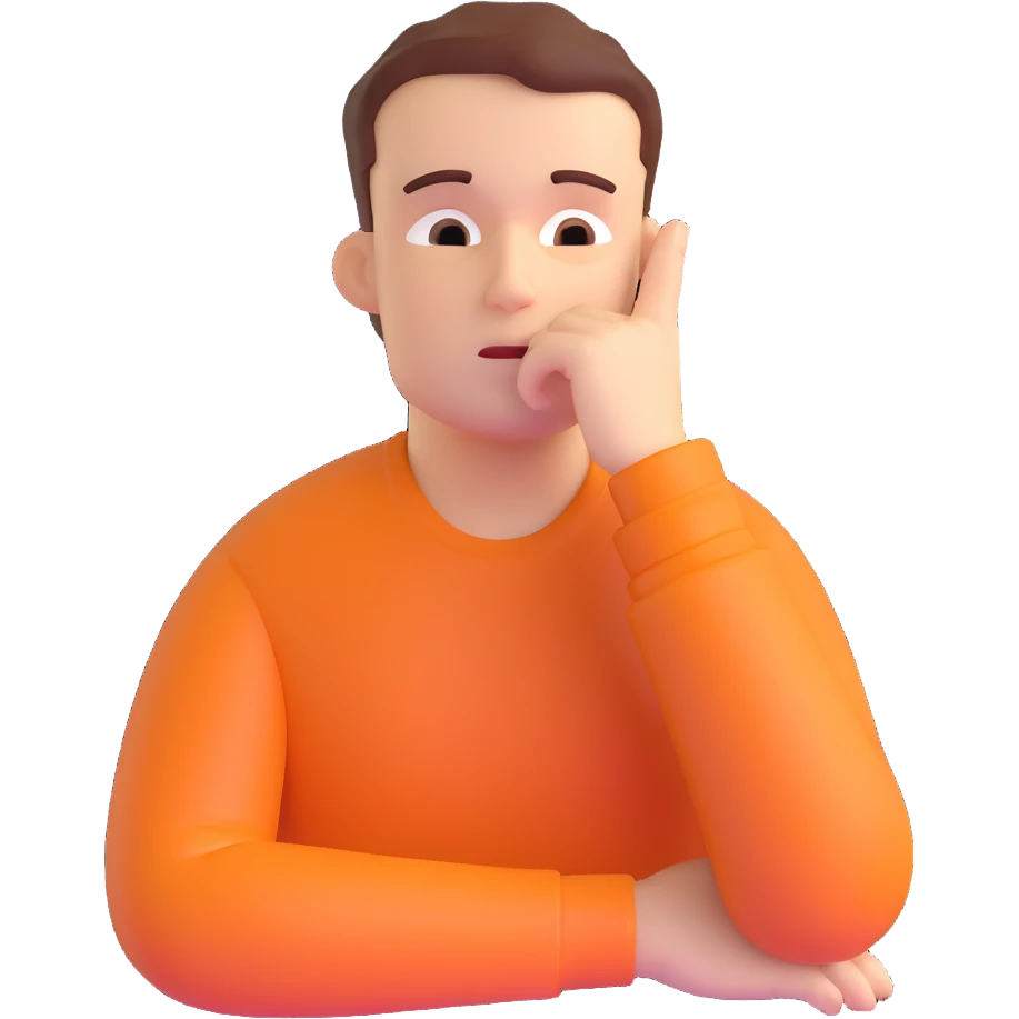 3D character with hand on chin thinking deeply emoji