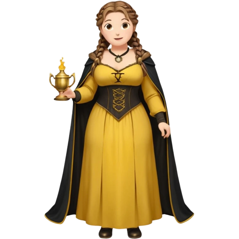 Helga Hufflepuff,brown-haired,2 braids,yellow-black medieval open dress,deep neckline,fat macromastia,black cloak decorated with gold braiding,gold cup with two handles,very kind smile,curvy busty sweet woman,round rosy cheeks,full length with medieval shoes emoji