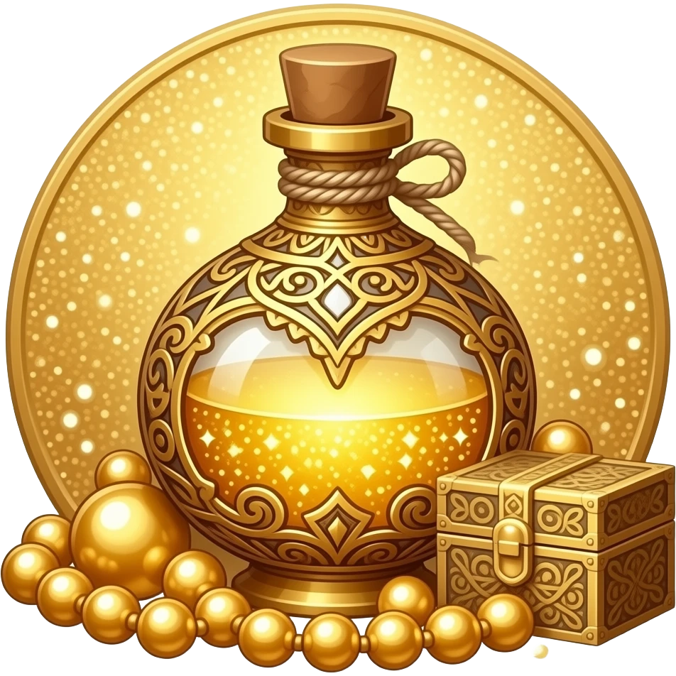 ornate golden potion bottle with intricate filigree, filled with shimmering luminous gold liquid, decorative cap tied with twine, surrounded by golden beads and an ornate box, glittering gold background, magical luxury aesthetic emoji
