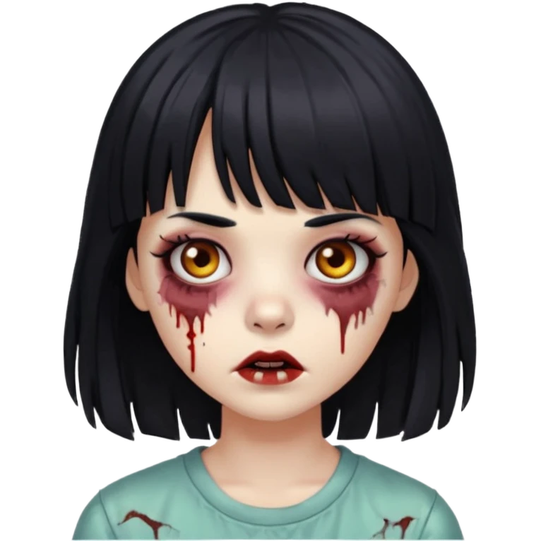 Zombie girl, black hair with bangs, slightly wavy, layered haircut,long hair,long eyelashes, black eyes,iOS style emoji