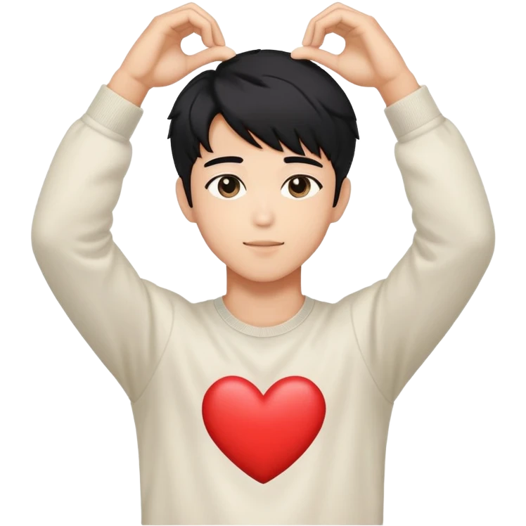Black-haired male idol making a heart shape with his arms above his head, K-pop style emoji