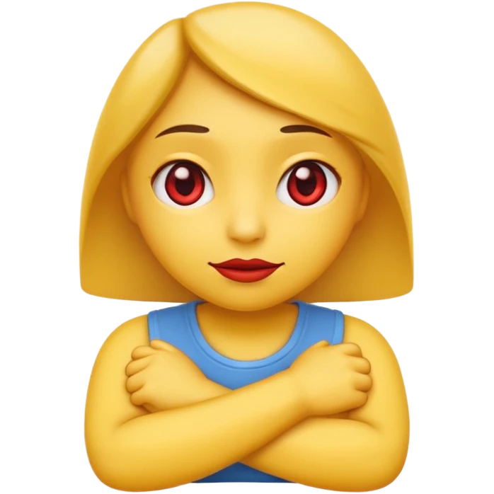 crate a yello emoji crossing its arms with red eyes looking to the side and stright lips emoji