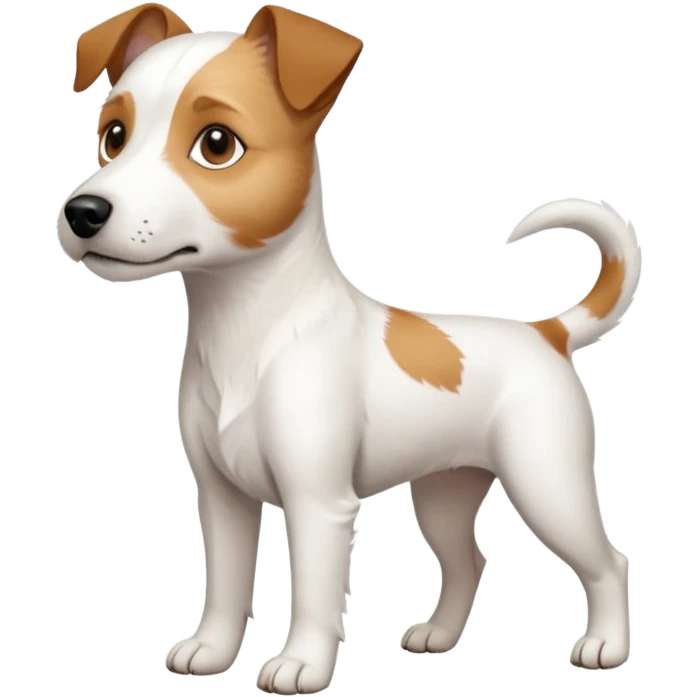 a full body white parson russell looking dog the size of a kelpie with light brown ears and a light brown patch on one eye and a large snout emoji