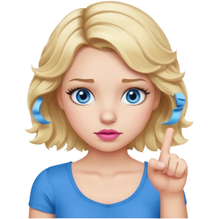 Girl Blonde short wavy hair,  blue eyes, cute blue top, long lashes, pink lips, thumbs down  emoji