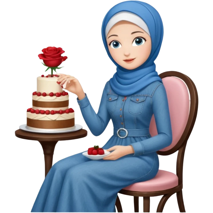 Turkish beautiful finish Konya girl blue eyes with denim hijab long tail dress and sits on the modernized white coffee house on a white chair and holds rose cake with her hand  emoji