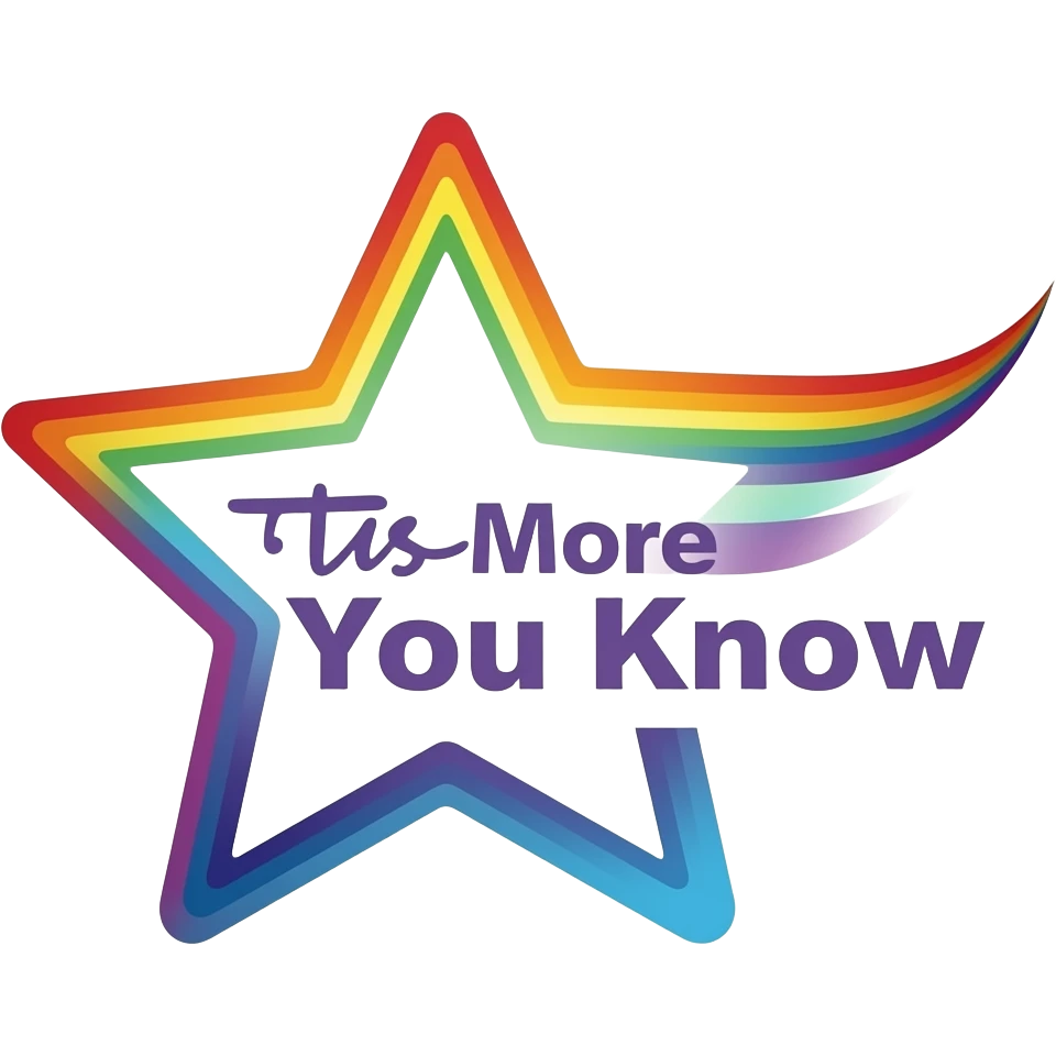 The more you know logo with a rainbow colored star outline and rainbow streak off to the right side widening with purple letters saying the more you know emoji