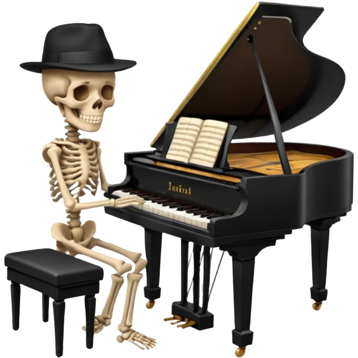 a human skeleton in anatomical proportion wears a black hat and plays the piano emoji