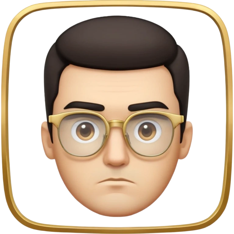 Square-faced man with thick eyebrows, short dark hair with faded sides, slight scruff, serious expression, large square gold-rimmed glasses emoji