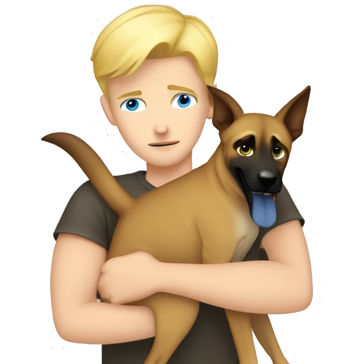 blond boy with blue eyes who hugs his Malinois tightly because he is afraid  emoji