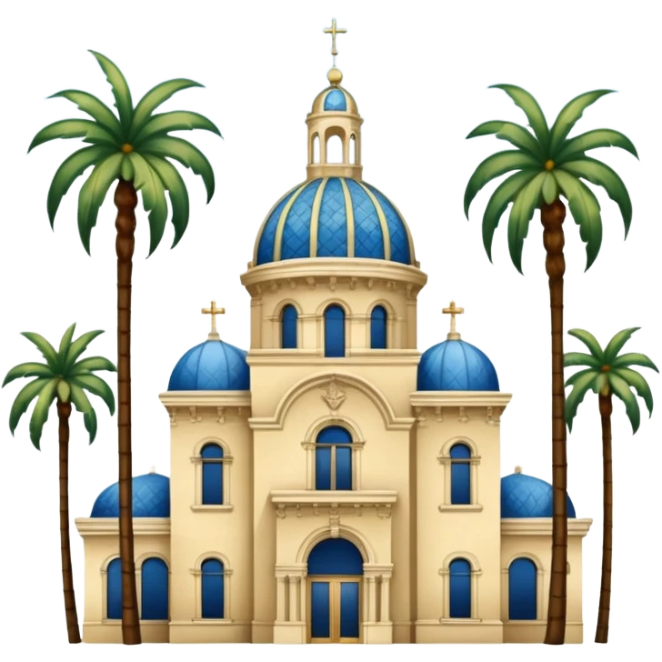 California Building with ornate blue, gold, and green tile dome and adjoining slender California Tower, Spanish Colonial Revival style, baroque details, palm trees, simple, no text, white background, version 4 emoji