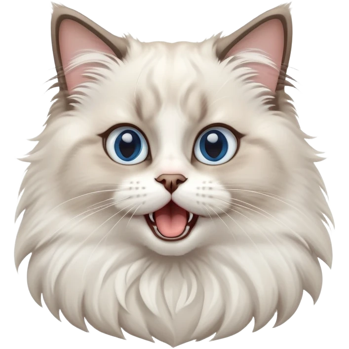 cinematic-adorable-big-eyed-fluffy-ragdoll-cat-portrait-emoji,-head-tilted-playfully-with-a-cute,-yawn,-white and grey fur,-simplified-yet-irresistibly-cute-features, blue eyes emoji