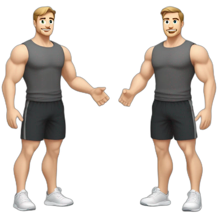 Full height Actively gesturing  with hands Pale skinned Fit Man With the biceps and brown hair in dark gray Sleeveless Mike, black oversize sports shorts, watch and white Sneakers emoji