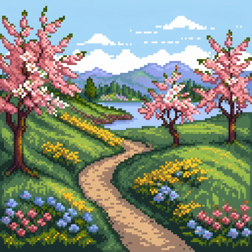 Spring landscape with blooming cherry trees, colorful flowers, and green grass emoji