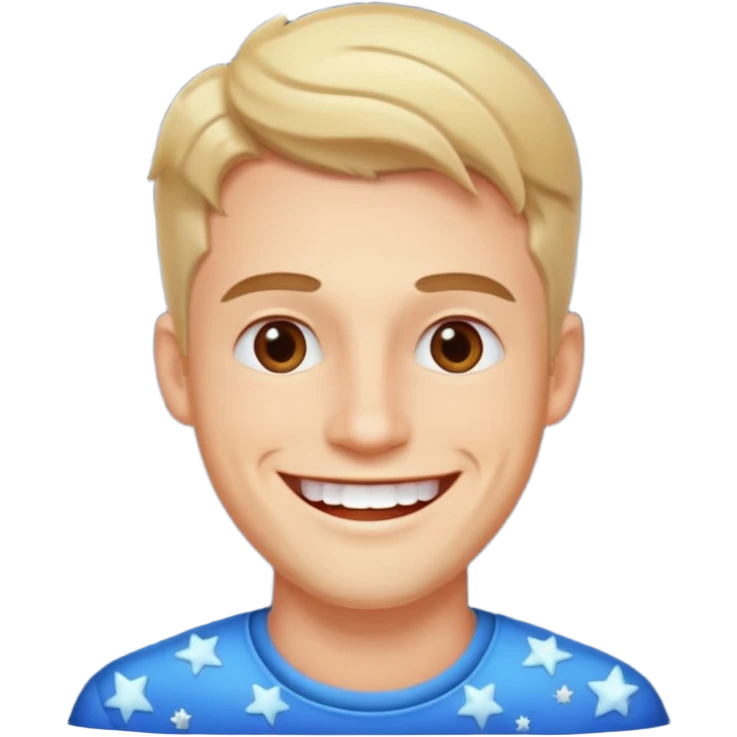 create an image of a perfect guy, very handsome, catching, smart and smiling with his white teeth. around him there's like a shining and small stars showing how perfect he is . the background is white emoji