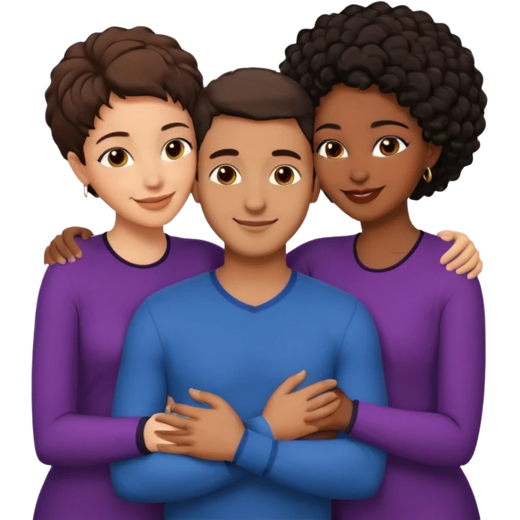  middle Eastern man with short brown hairwith two black african women both are African one is medium tone skin black and one is medium tone black with african hair styles. and they are all smiling and putting their arms around each other and kissing and hugging. emoji