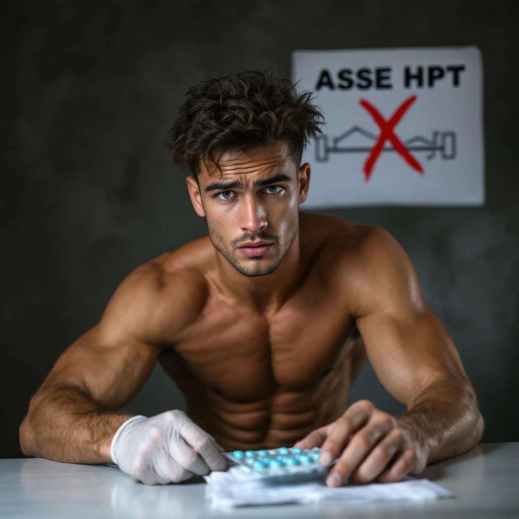 Giovane atleta che tiene in mano blister di steroidi orali, mentre dietro di lui si vede un diagramma stilizzato dell’asse HPT con una X rossa sopra, espressione preoccupata emoji