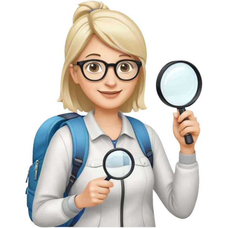 Happy woman in her 40s with glasses, sporty outfit, backpack, holding only one magnifying glass in one hand emoji