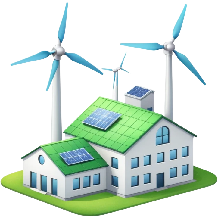 clean colorful factory with green roof and wind turbine emoji