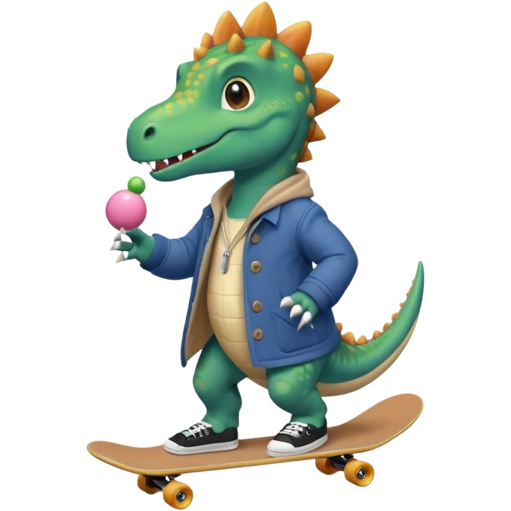 a dinosaur on a skateboard wearing a coat with sneakers in the bottom a cute pokie hairball on the top emoji
