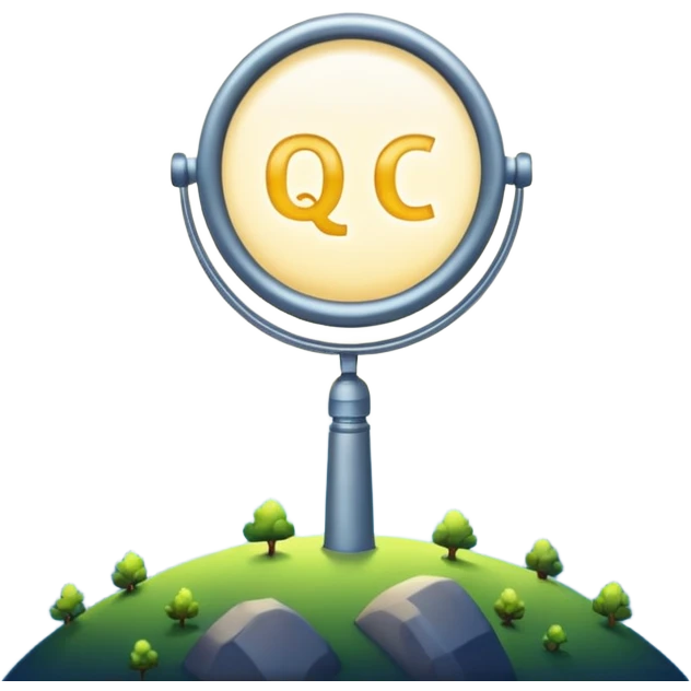 A spotlight shining “QC” in the night sky emoji
