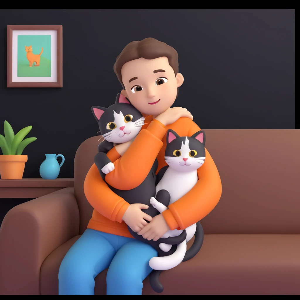 boy and cat pet, living room background emoji