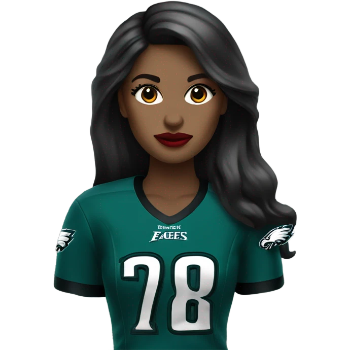 White female long dark hair red lips wearing Philadelphia Eagles jersey emoji