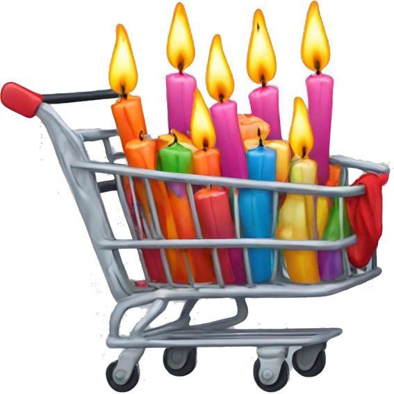 Sad abandoned shopping cart with candles tshirts, decorations emoji