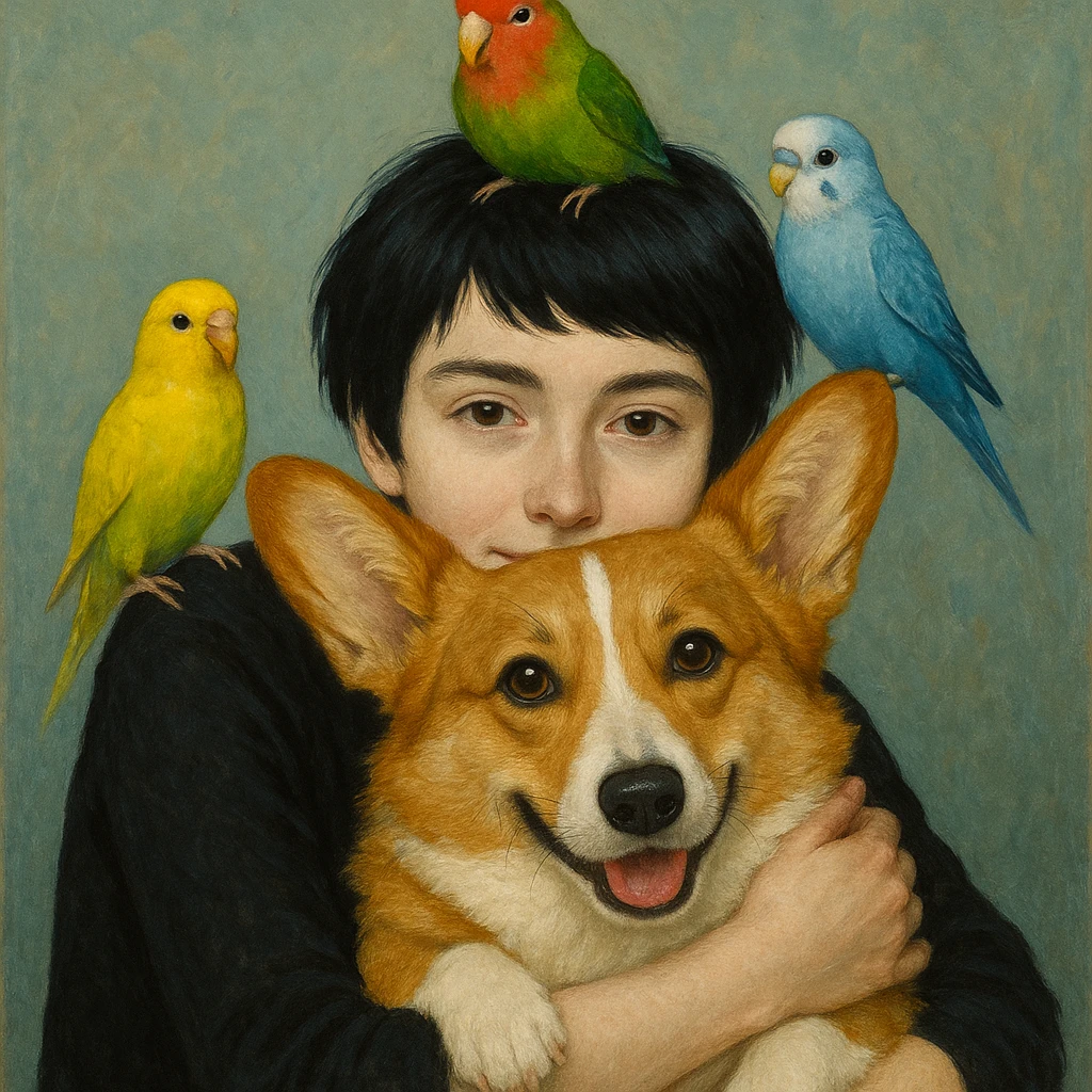 Dark short hair, dark brown eyes with pale skin and thin eyebrows girl hugging a welsh corgi. And a green-reddish lovebird on her head with yellow, blue love birds around her. emoji