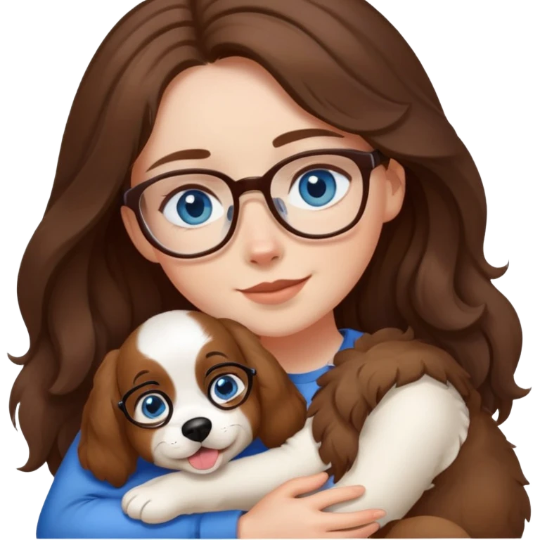 Girl with a white complexion, blue eyes, medium long wavy brown hair, wearing glasses and hugging a dog  emoji