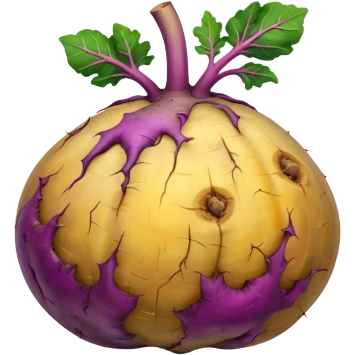 whole rutabaga root, rounded bulbous shape, rough textured skin, mottled purple beige yellow tones, trimmed stem remnants, faint root hairs, fresh earthy, soft lighting, subtle shadows, emoji scale, transparent background emoji