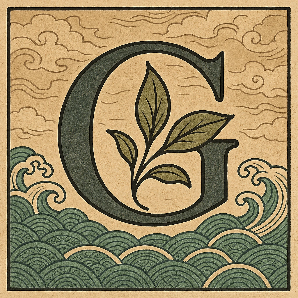 logo featuring the letter G with stylized leaves, elegant Japanese-inspired design, traditional ukiyo-e background with waves or clouds emoji