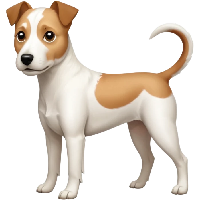 a full body slightly chubby white parson russell terrier looking dog the size of a kelpie with light brown long ears and a light brown patch on one eye and a large snout. the rest of the dog is completely white. forward facing emoji