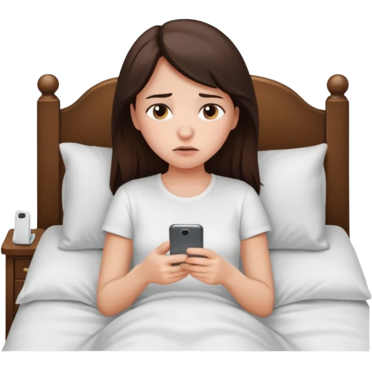 generate a girl brunette using her phone in bed. she looks sad emoji