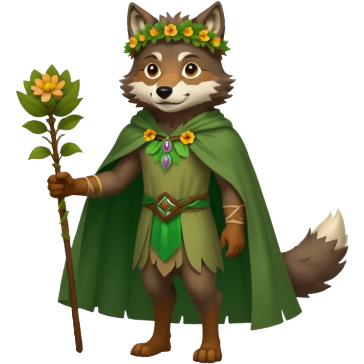 wolf dressed as a druid, flower crown, green cape, full body icon emoji