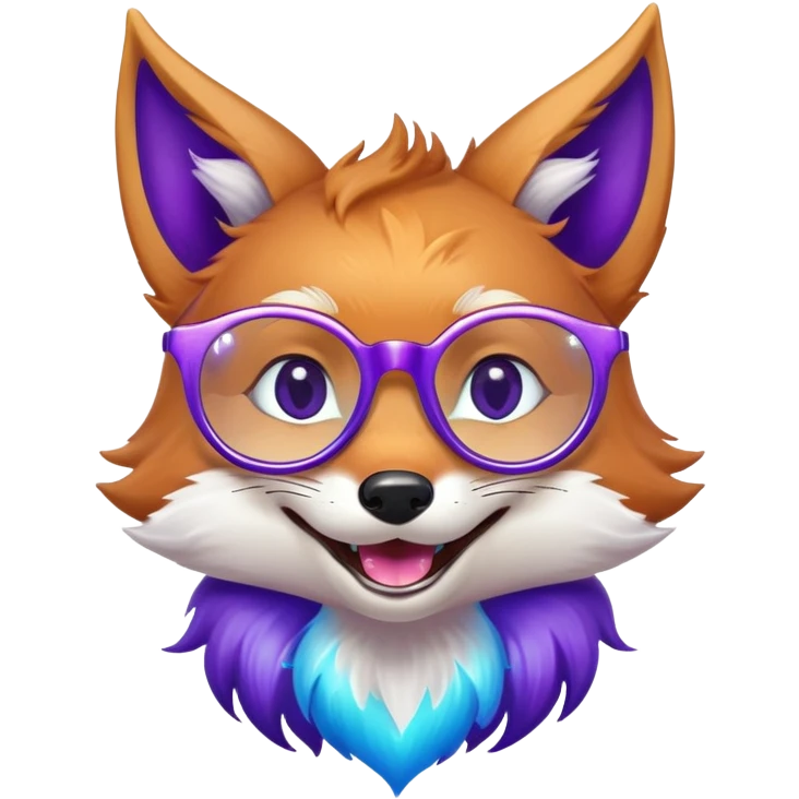 A magical fox with shimmering purple and blue fur, a glowing tail, a silver star on its forehead, and round glasses, laughing so hard that tears are streaming from its eyes emoji