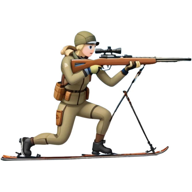 An icon showing a snowy landscape with pine trees, mountains, and a clear sky with a biathlete aiming a rifle in the foreground, wearing winter gear and skis. Transparent background emphasizes the precision, endurance, and beauty of this winter sport. emoji
