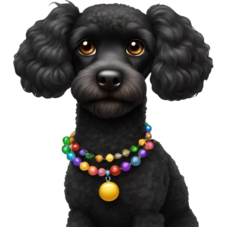 One Small Black Poodle with one  colorful bead necklaces with brown harness emoji